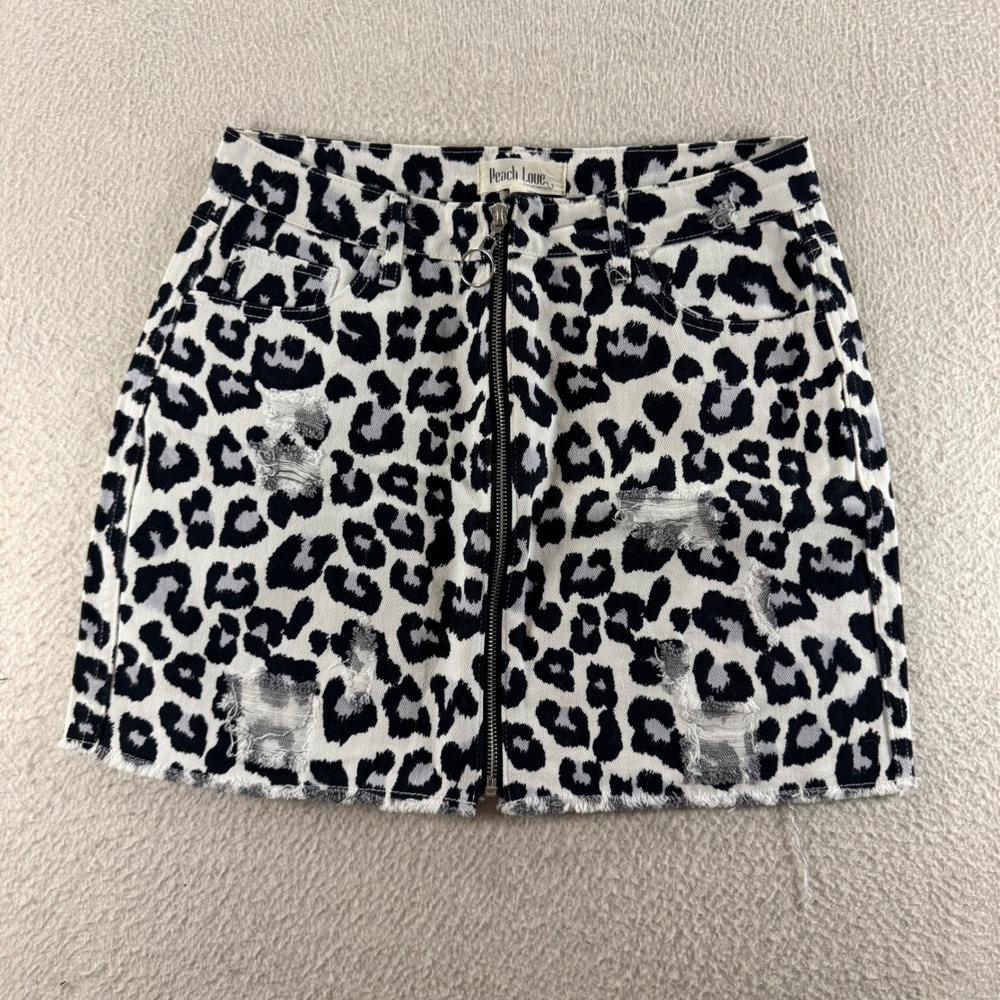 Peach Love Leopard Print Denim Mini Skirt Womens Size M White Black Zip Edgy Y2K